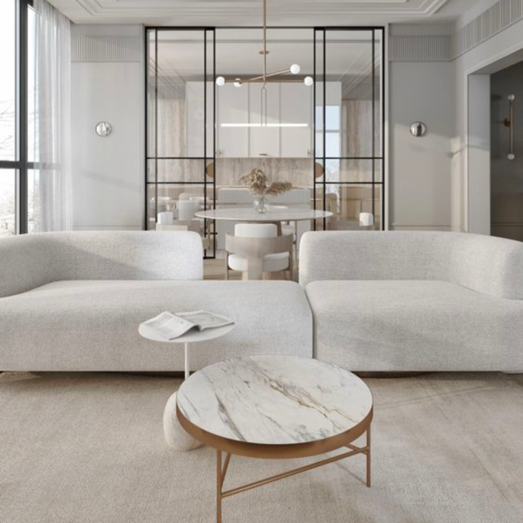 Living room designed in minimalist design style. In the layout is a clean sofa and a coffee table with no accessorizing in the room.